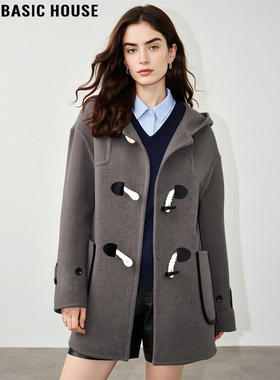 Basic House/百家好100%羊毛连帽毛呢外套女冬季中长款小个子大衣