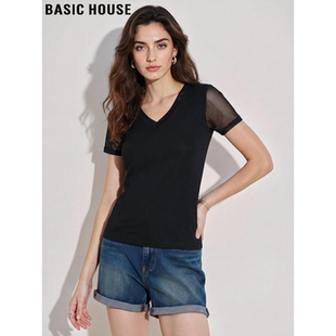 T恤女士夏季 百家好黑色V领冰丝短袖 蕾丝拼接正肩上衣 House Basic