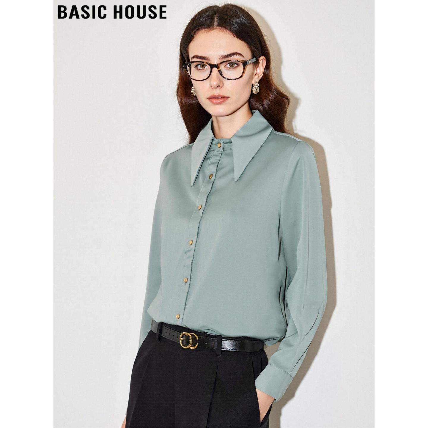 百家好豆绿色小尖领缎面衬衫女冬