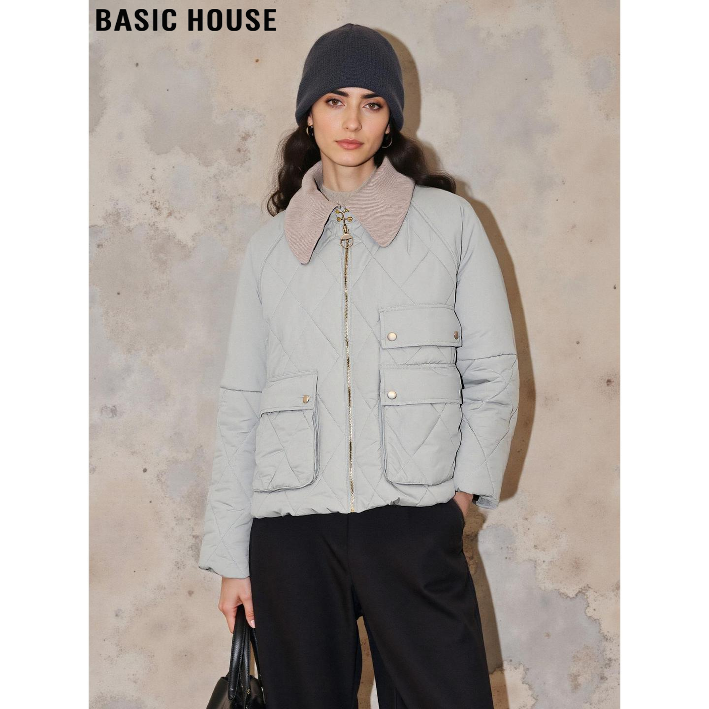 百家好高级感米白色翻领棉衣外套