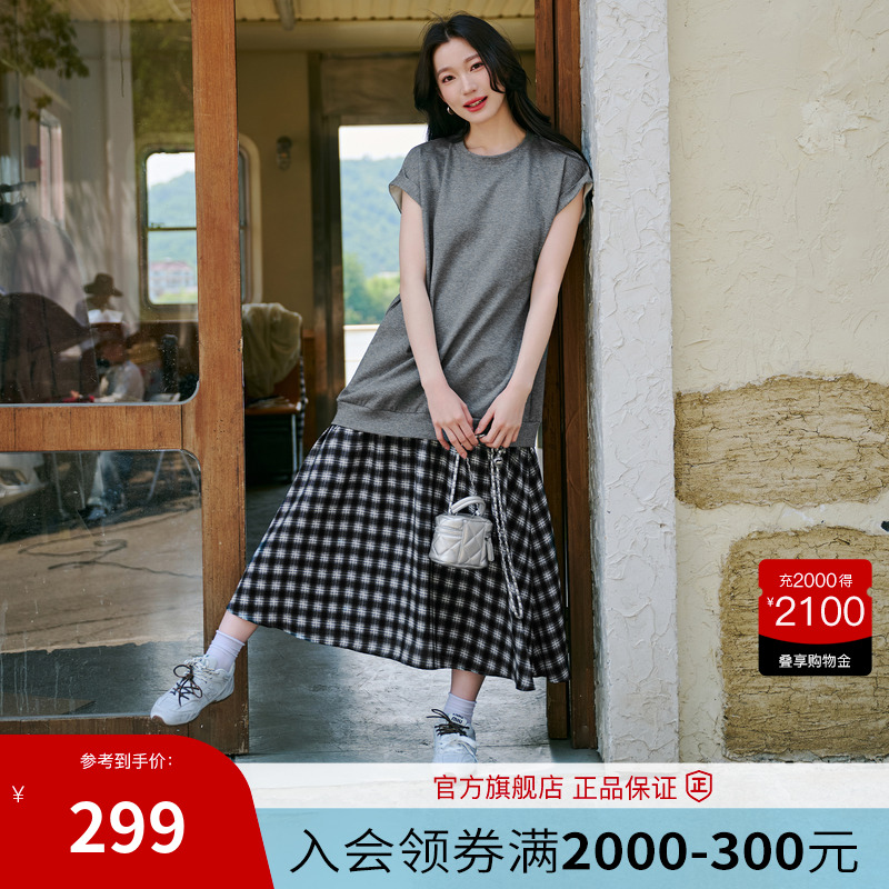 Basic House/百家好慵懒松弛感假两件拼接格子连衣裙女2025夏季