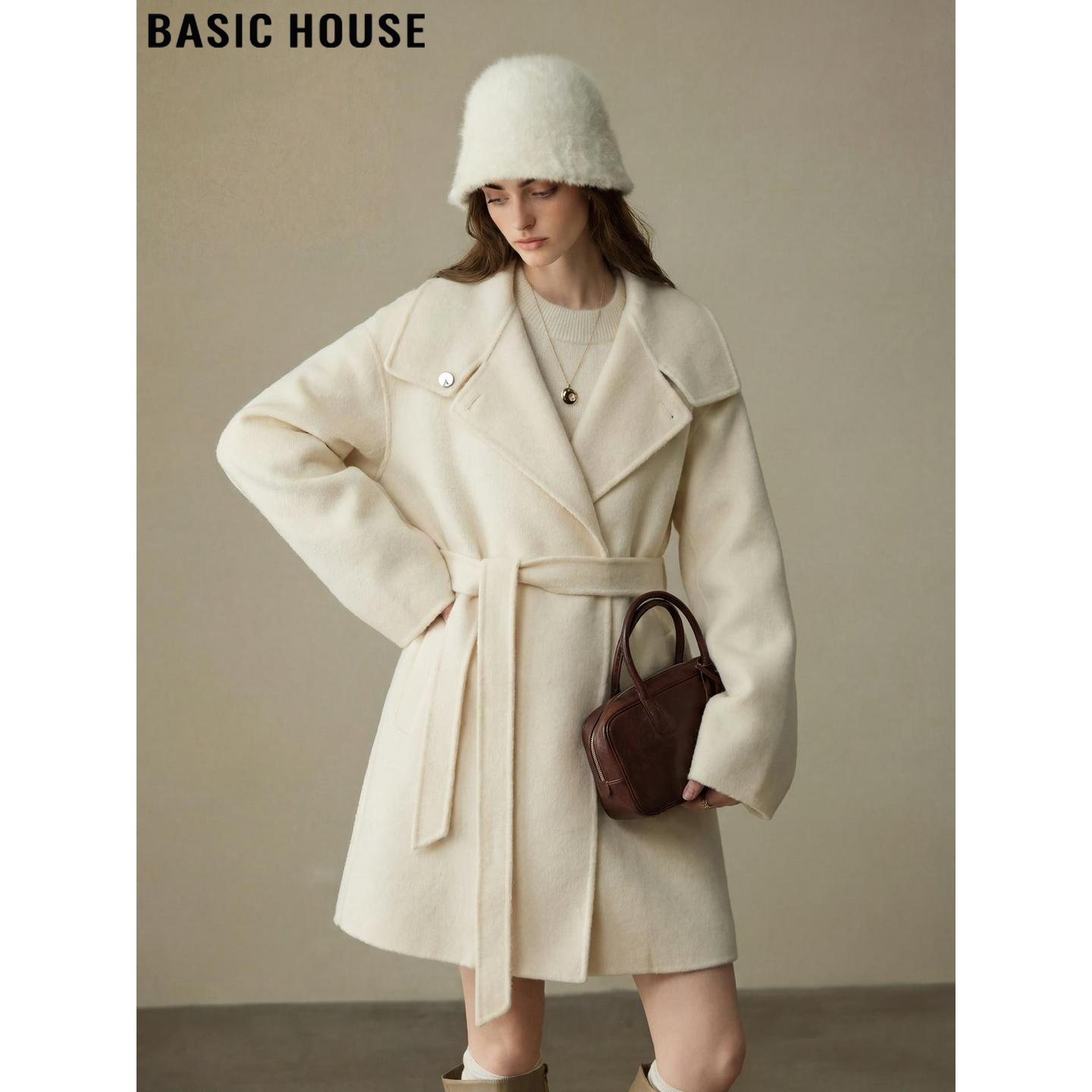 Basic House/百家好米白色毛呢外套女冬系带收腰中长款羊毛呢大衣,女装/女士精品,毛呢外套,淘宝优惠券,粉丝福利购,淘宝优惠卷