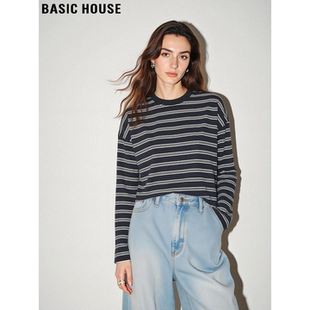 House 新款 百家好美式 T恤女2026春季 宽松圆领上衣 条纹长袖 Basic