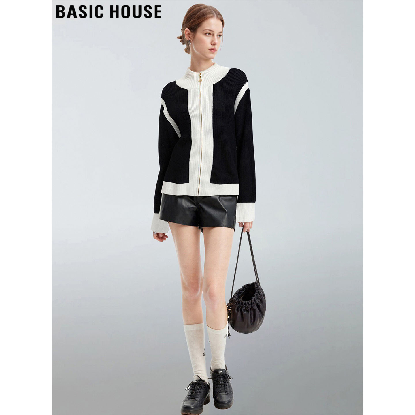 百家好含羊毛撞色立领毛衣外套女