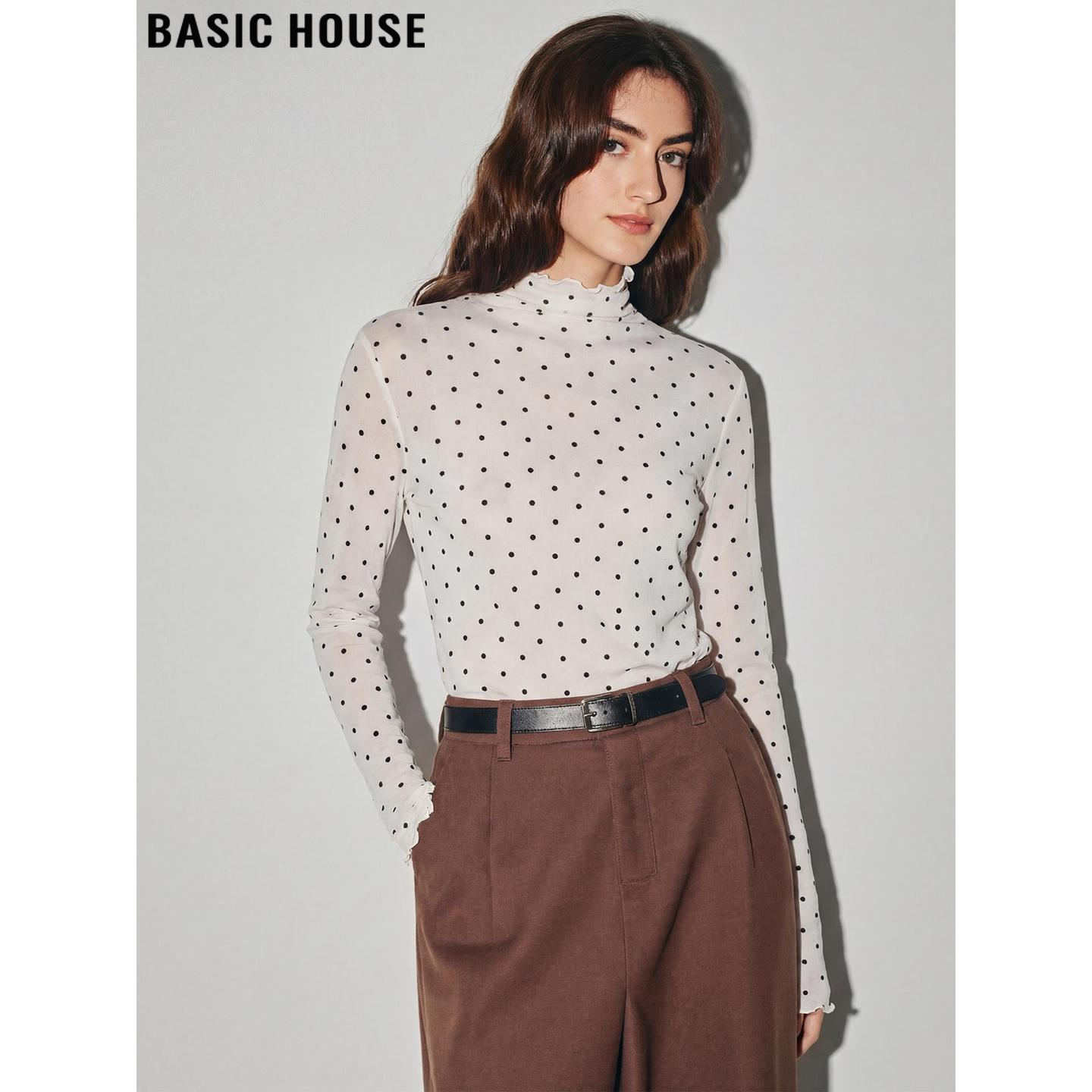 Basic House/百家好白色波点打底衫女2026春季新款内搭木耳边上衣,女装/女士精品,T恤,淘宝优惠券,粉丝福利购,淘宝优惠卷