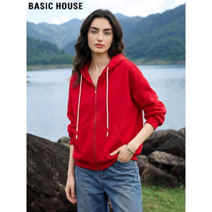 Basic House/百家好红色连帽卫衣外套女2026春季新款宽松抽绳上衣