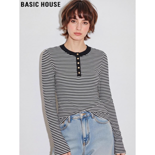 House 修身 百家好撞色条纹纯棉长袖 新款 上衣 T恤女2026春季 Basic