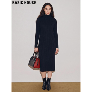 Basic House/百家好黑色半高领针织裙女2026春季新款中长款连衣裙