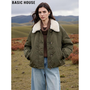 Basic House/百家好90鸭绒羽绒服女冬季复古宽松短款毛领夹克外套