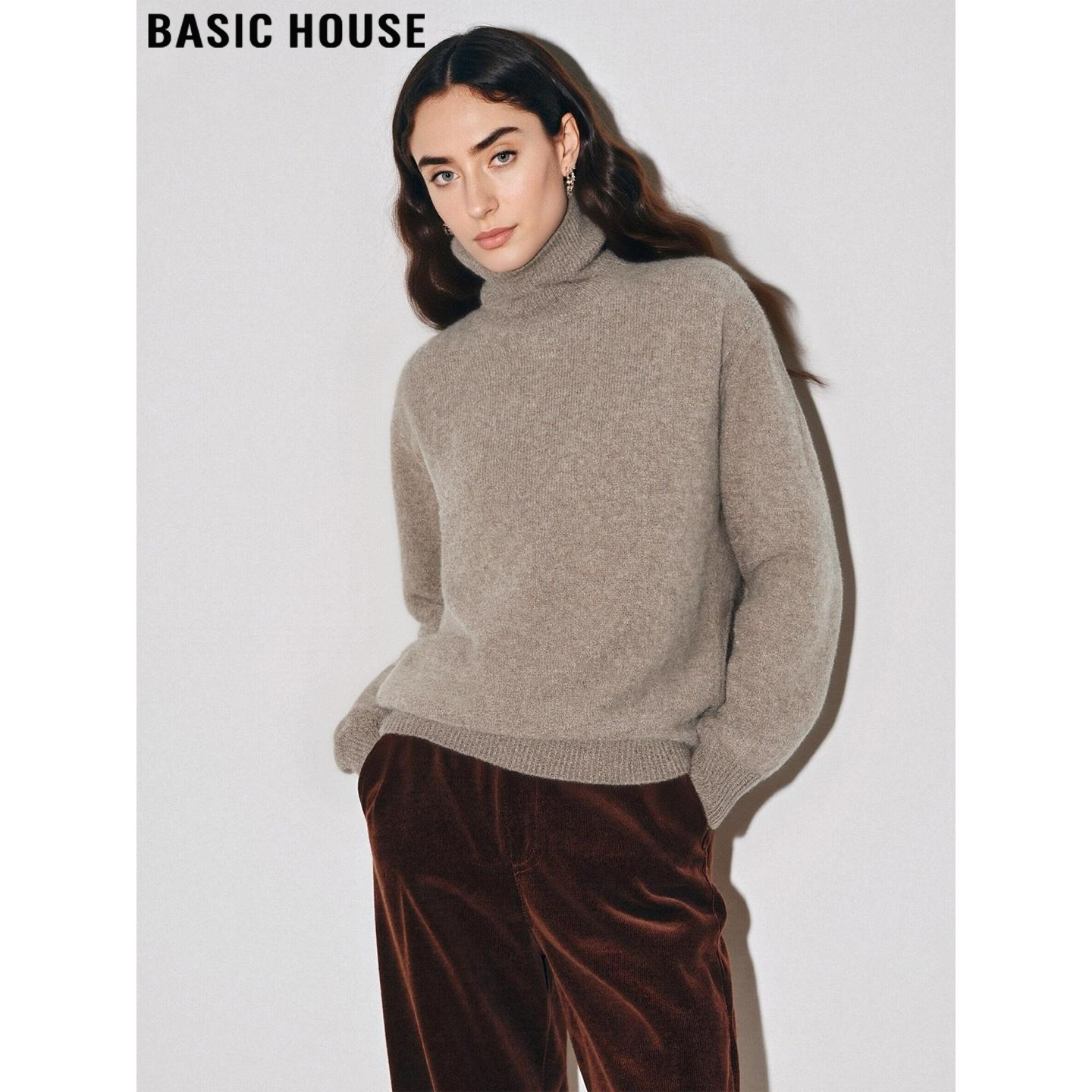 Basic House/百家好高级感驼色高领毛衣女冬季加厚100%羊毛针织衫