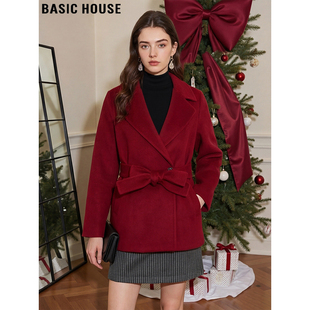 Basic House/百家好100%羊毛红色毛呢外套女冬季新年战袍加厚大衣