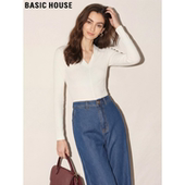 House 打底衫 百家好法式 T恤女2026春季 Basic 修身 白色V领长袖 新款