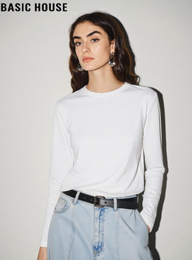 Basic House/百家好纯棉白色长袖T恤女2026春季新款简约打底上衣