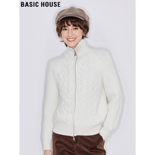 Basic House/百家好白色100%羊毛拉链针织开衫女冬季加厚毛衣外套