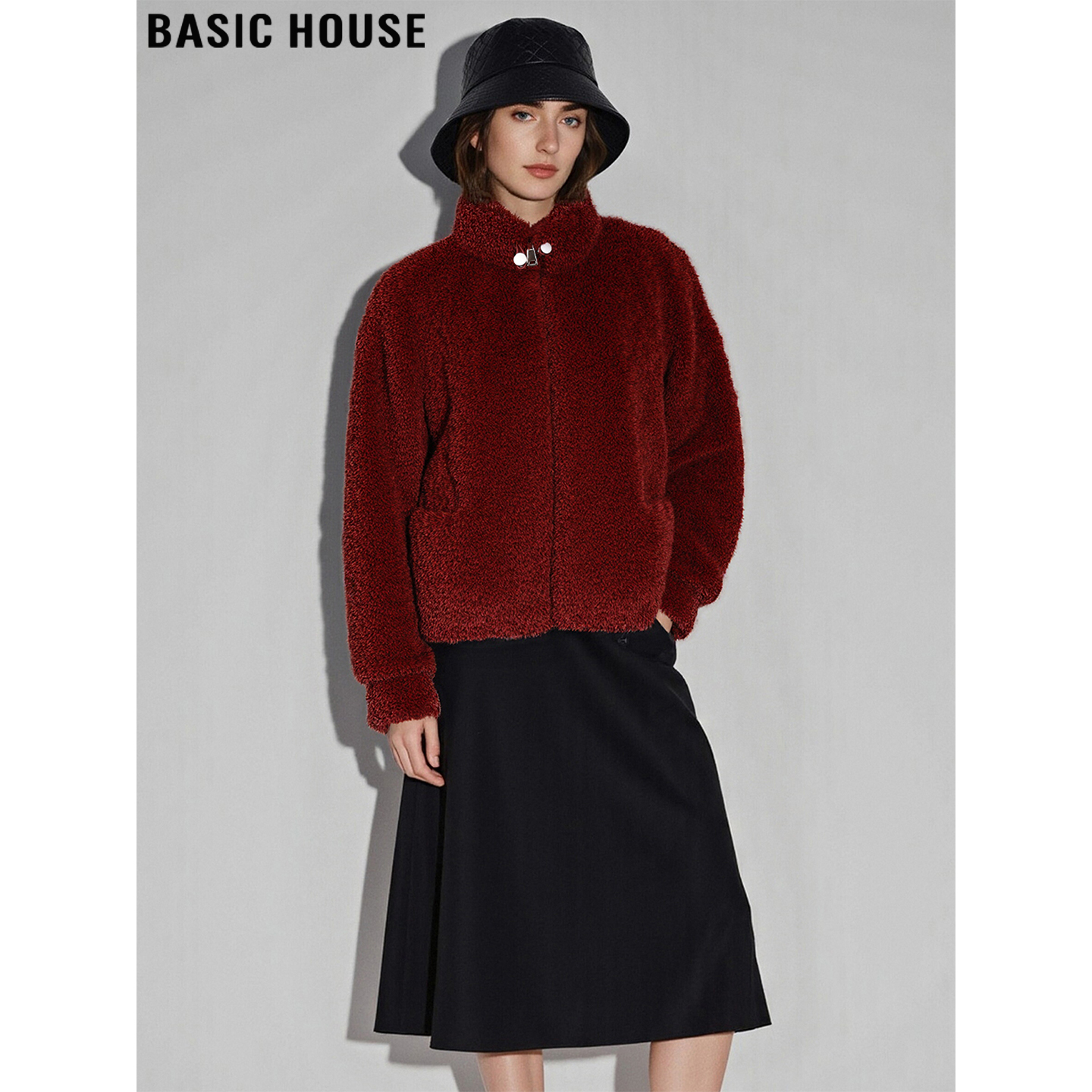 百家好复古红色立领毛毛外套女