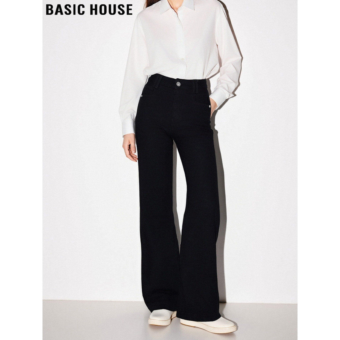 Basic House/百家好黑色加绒加厚直筒牛仔裤女冬季高腰显瘦阔腿裤