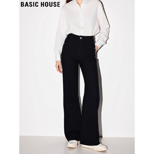 Basic House/百家好黑色加绒加厚直筒牛仔裤女冬季高腰显瘦阔腿裤
