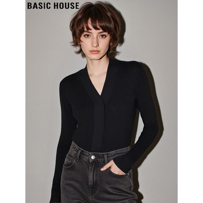 百家好黑色V领软糯羊毛针织衫女