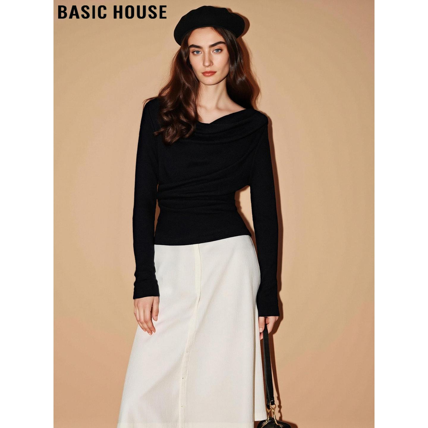 百家好优雅气质黑色荡领针织衫女