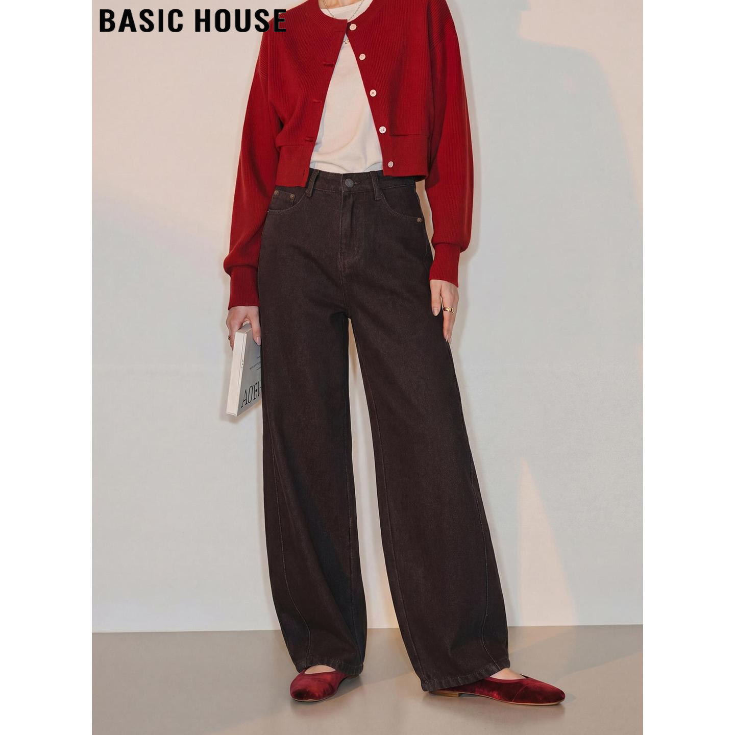 Basic House/百家好咖色阔腿牛仔裤女2026春季新款加绒高腰直筒裤