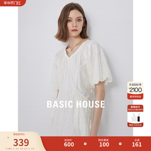 新款 Basic 百家好显气质v领连衣裙2024夏季 House 国风提花女长裙