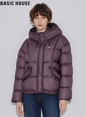 Basic House/百家好咖紫色90白鸭绒连帽羽绒服女冬季保暖拉链外套