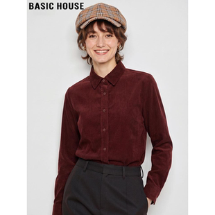 新款 Basic 女2026春季 百家好红色灯芯绒纯棉衬衫 POLO领衬衣 House