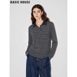 新款 Basic T恤女2026春季 百家好复古条纹翻领长袖 宽松上衣 House