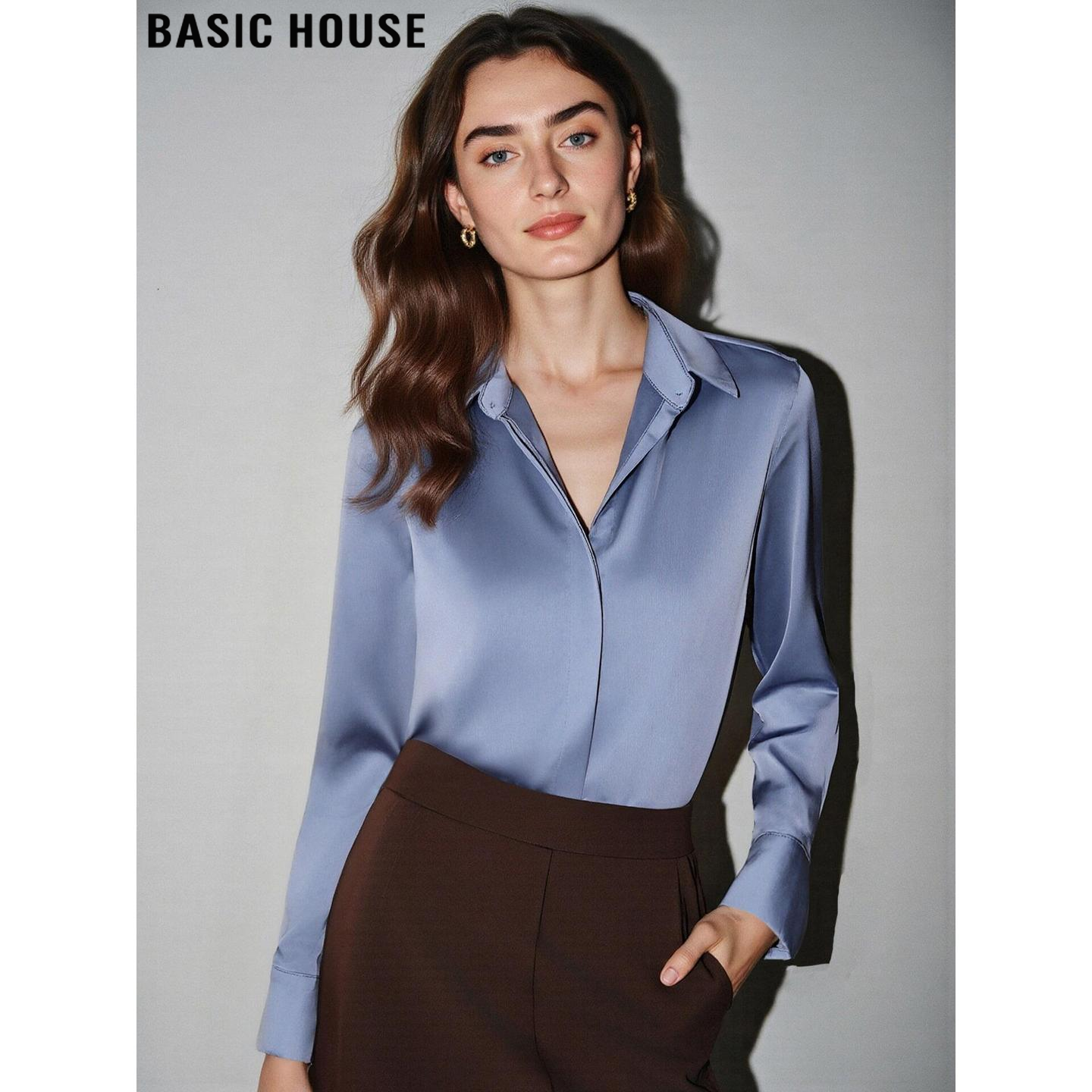 百家好轻奢气质灰色长袖衬衫女