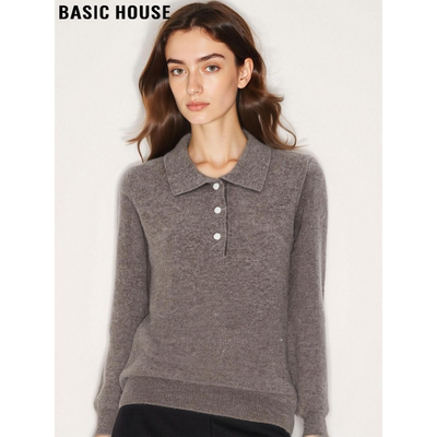 百家好驼色100%羊毛POLO领针织衫