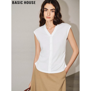 风气质V领无袖 Basic 法式 百家好白色收腰天丝背心女夏季 T恤 House