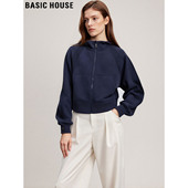 Basic 上衣 运动短款 House 百家好藏蓝色连帽卫衣外套女士2025冬季