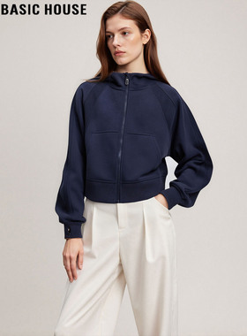Basic House/百家好藏蓝色连帽卫衣外套女士2025秋冬运动短款上衣