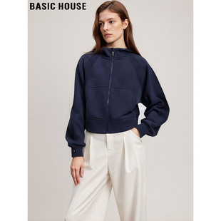Basic House/百家好藏蓝色连帽卫衣外套女士2025冬季运动短款上衣