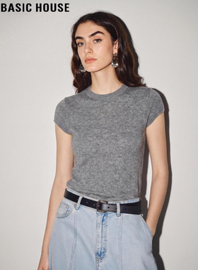 Basic House/百家好灰色冰丝针织短袖T恤女夏季修身打底羊毛上衣