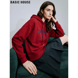 Basic House/百家好红色印花连帽卫衣女2026春季新款新年战袍上衣