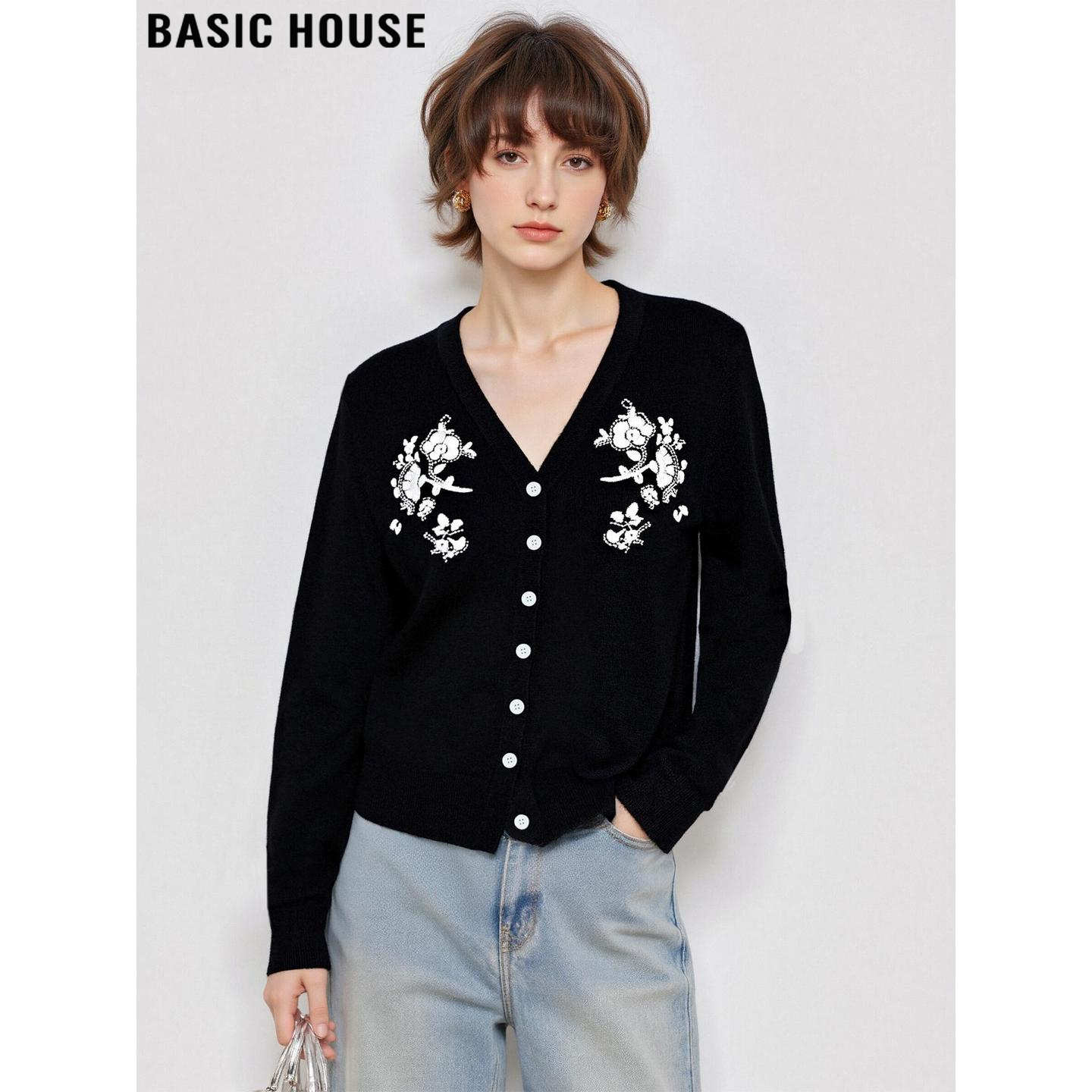 百家好黑色重工刺绣V领针织开衫