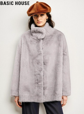 Basic House/百家好灰色立领环保皮草女士冬季中长款加厚保暖外套