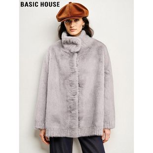 中长款 百家好灰色立领环保皮草女士春季 加厚保暖外套 House Basic