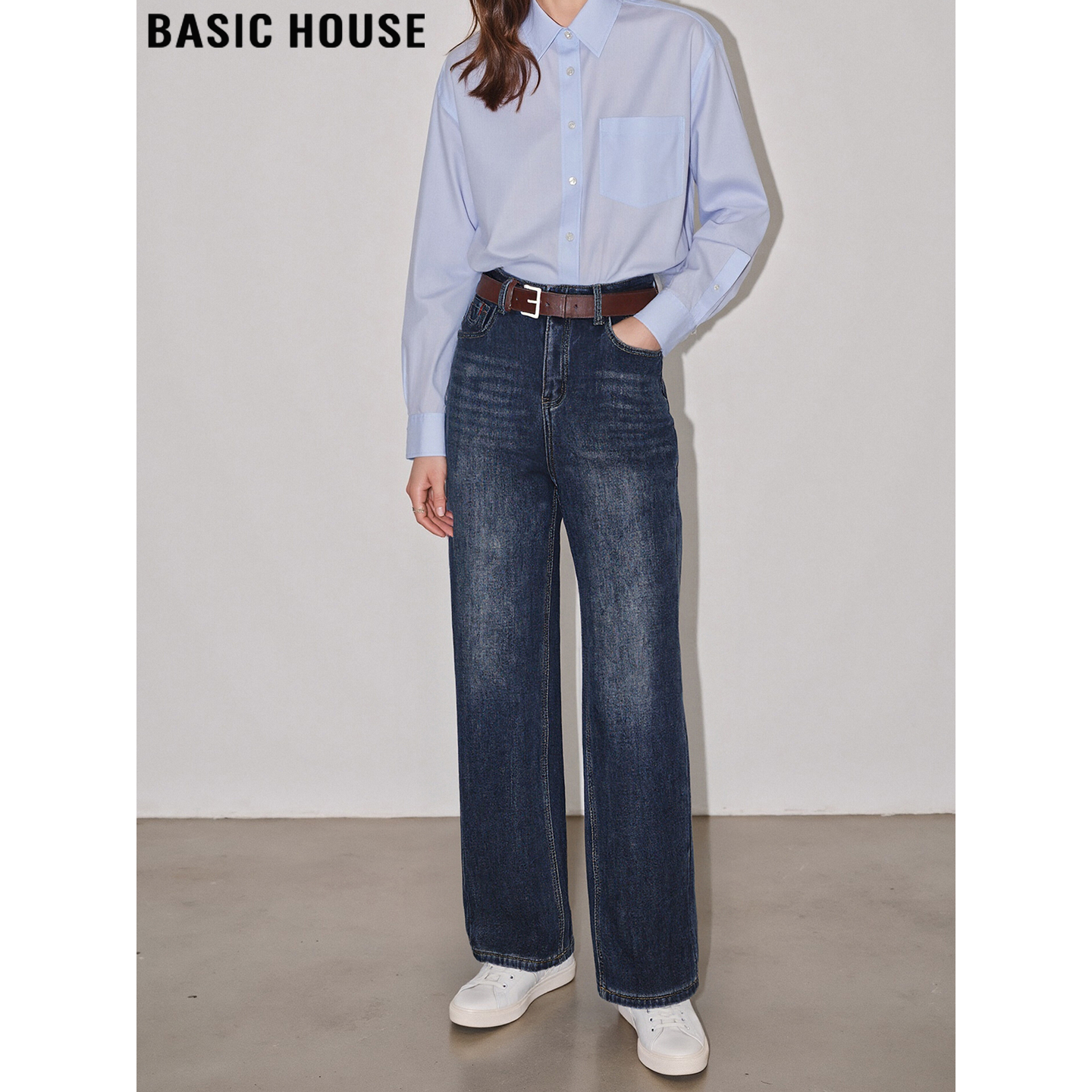 Basic House/百家好复古加绒直筒牛仔裤女秋冬高腰宽松窄版阔腿裤