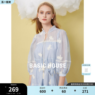 新款 Basic 百家好钩花海盐蓝连衣裙女春季 House 网纱优雅裙子