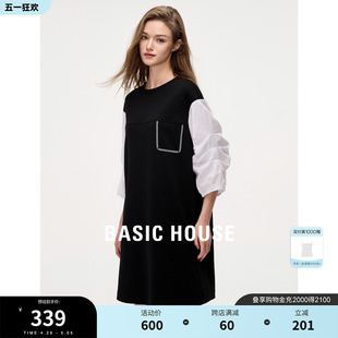 新款 Basic 百家好拼接撞色连衣裙女2024春季 泡泡袖 House 直筒裙