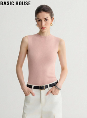 Basic House/百家好粉色无袖针织背心女夏季新款修身显瘦冰丝T恤
