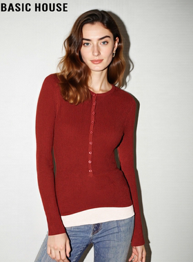 Basic House/百家好红色假两件针织衫女士2025冬季亨利衫打底上衣