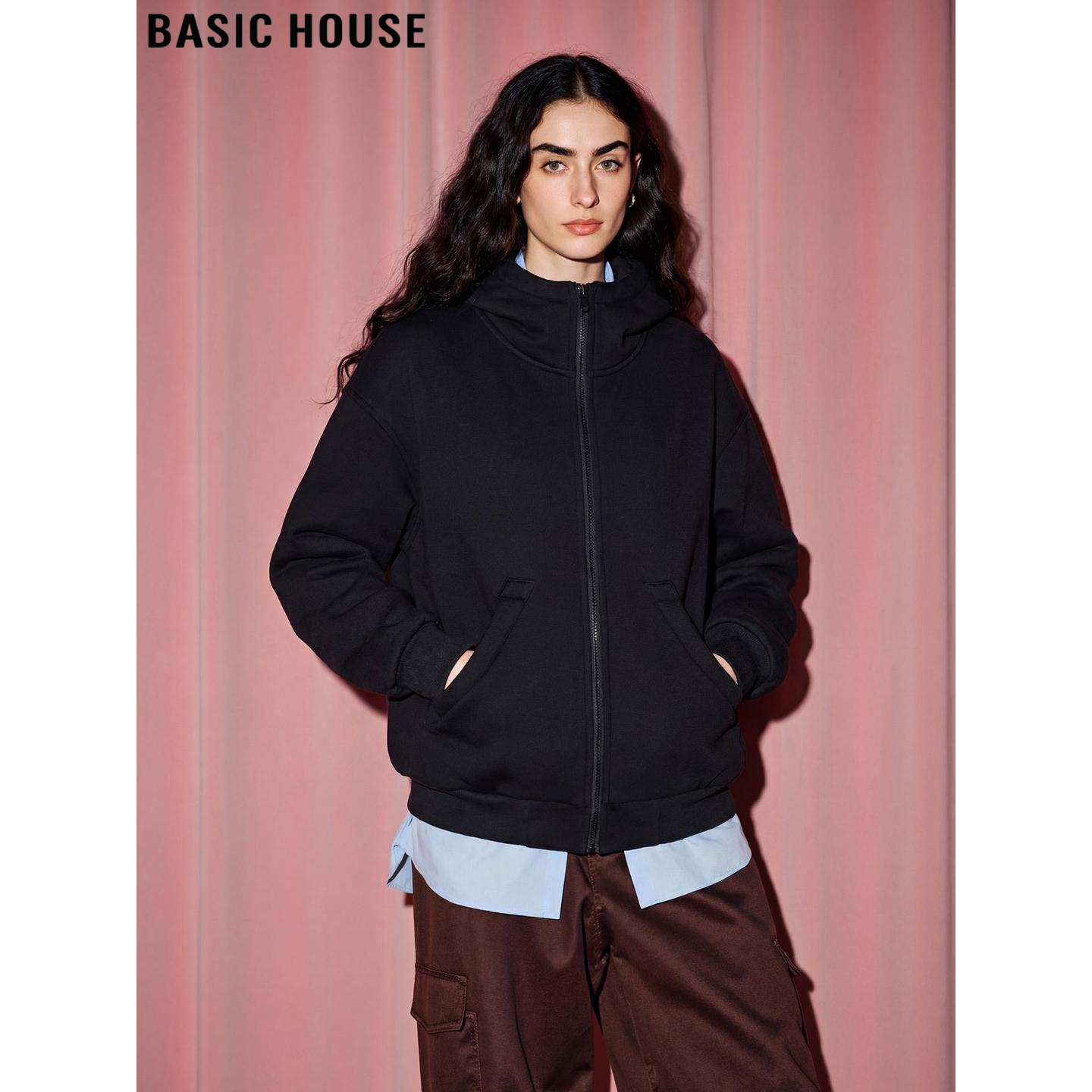 Basic House/百家好黑色加绒连帽卫衣外套女2026春季新款拉链开衫