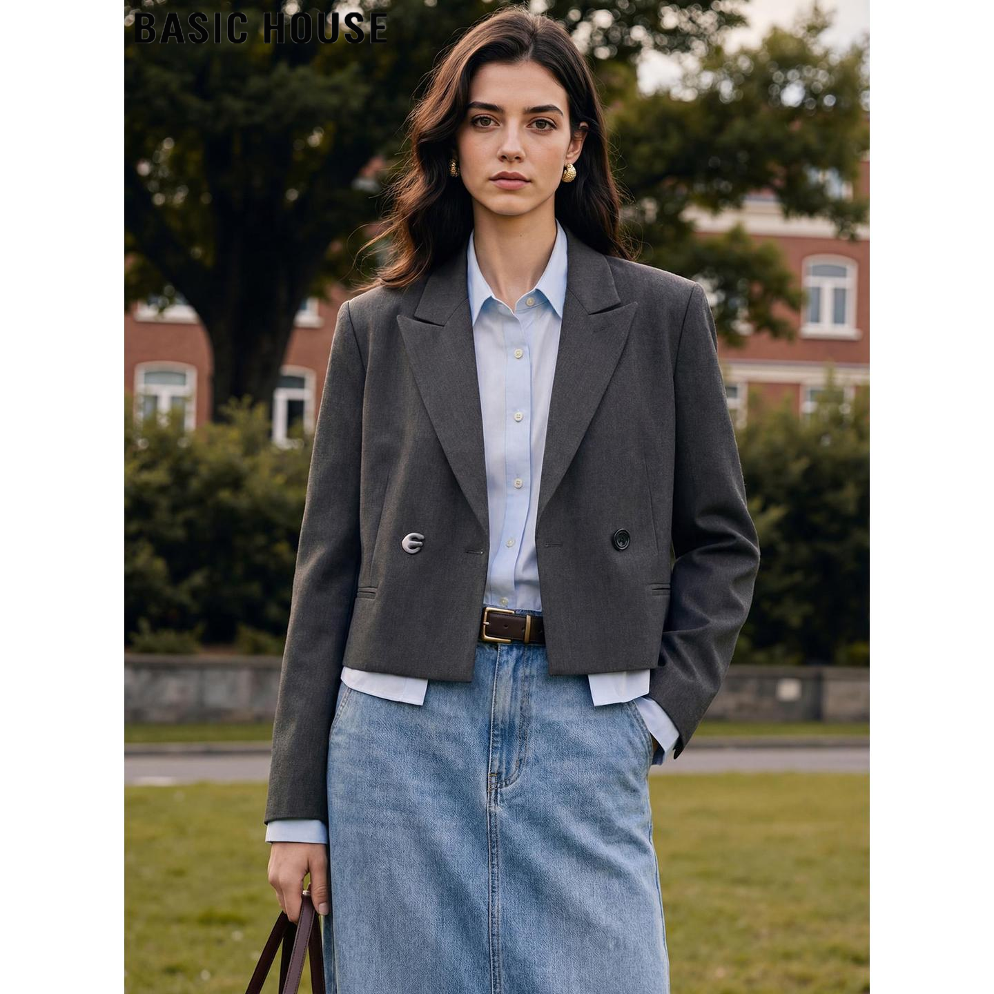 Basic House/百家好灰色短款西装外套女士2026春季新款小个子西服
