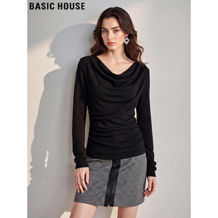 House 修身 百家好黑色荡领针织衫 新款 一字领上衣 女2026春季 Basic