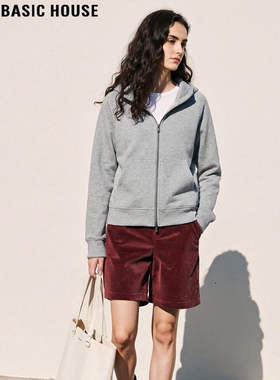 Basic House/百家好灰色双拉链连帽卫衣女士春季百搭拉链休闲外套