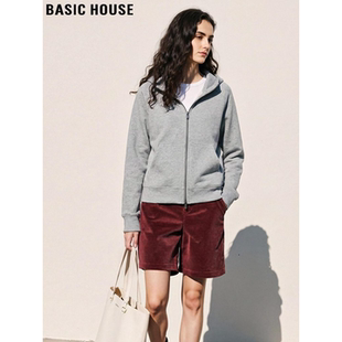 Basic House/百家好灰色双拉链连帽卫衣女士春季百搭拉链休闲外套