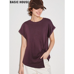 Basic House/百家好酱紫色短袖T恤女2026夏季新款不规则开叉上衣